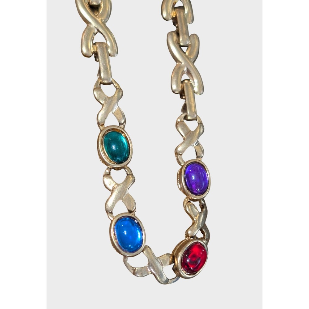 Vintage Hugs & Kisses Necklace 17in Gold-tone Jewel Tone Lucite
